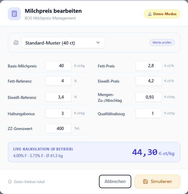 BOS Milchpreis-Management Modal — Bearbeiten von Basispreis, Fett- und Eiweißreferenzen, Zu- und Abschlägen